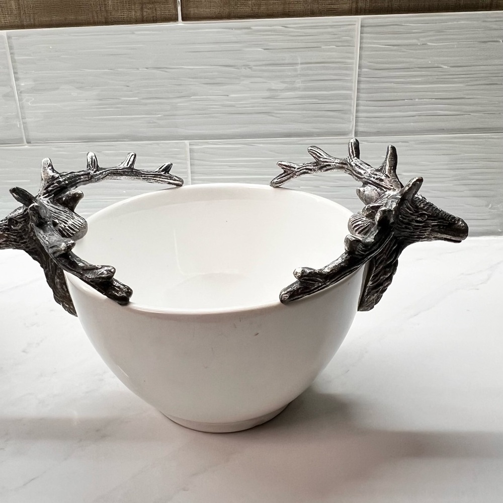 Pier 1 White Bowl with Silver Deer Handles